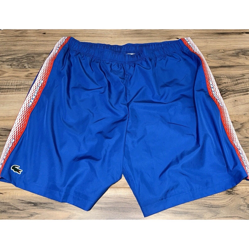 Mens 3XL Lacoste Sport Blue Logo Striped Diamante Shorts, Drawstring